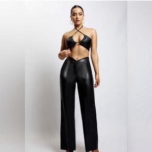 Straight Leg Leather Trousers w/ V-Line Waist